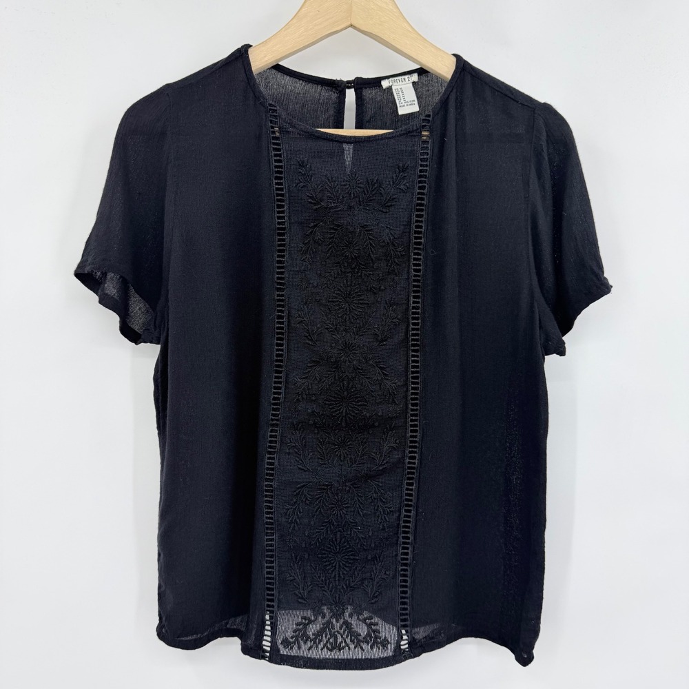 Forever 21 Blouse Womens Medium All Black Mexican Embroidered Boho Lace Trim Top